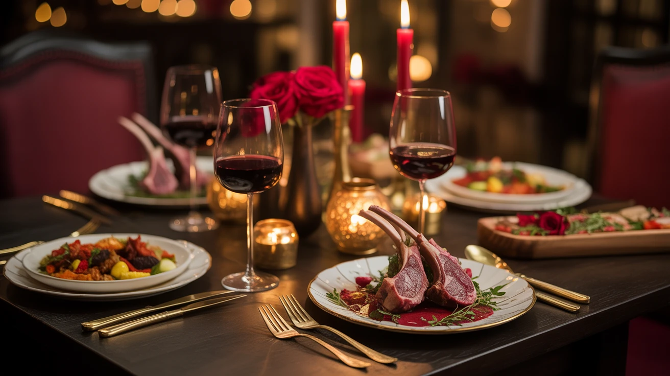 Valentines Day 2026 Romantic Dinner Encino Blog Feature Image Romantic Valentine's Day dinner setting at House of Legends with candlelight, roses, and Mediterranean cuisine