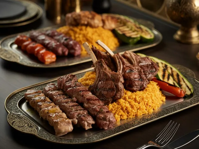 Menu Hero Kebab at House of Legends Persian kebab plate with saffron rice at House of Legends in Encino