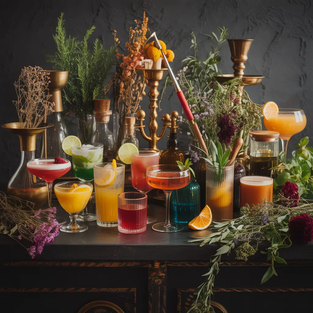 House of Legends botanical drinks glowing across the bar